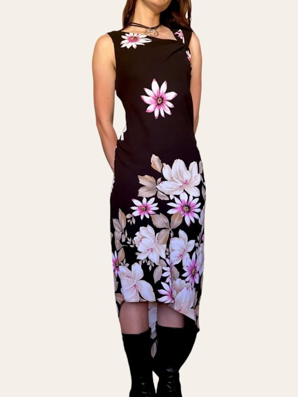 90s Dressbarn vintage black/tan/pink floral asymmetric dress